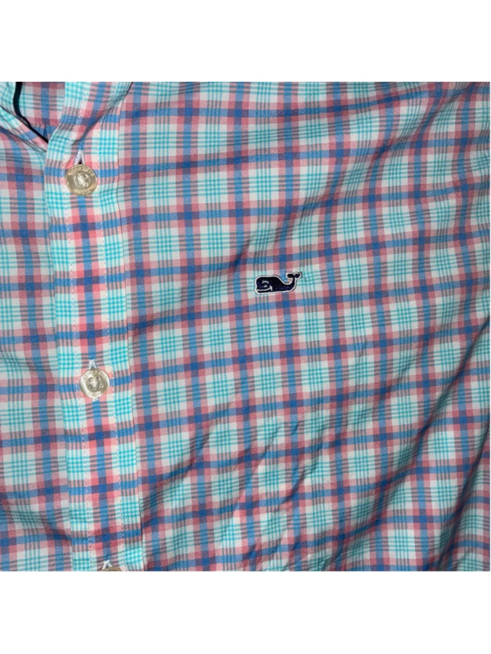 Boys Vineyard Vines Performance Button Down Shirt, Size L, Blue and Pink Plaid